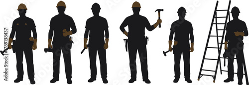 Construction worker silhouettes, hard hat team, tool belt crew, hammer and wrench poses, black figures, labor theme, equipment setup, digital art, white background