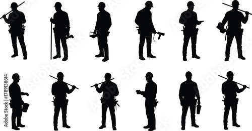 Construction worker silhouettes, hard hat team, tool belt professionals, building site crew, hammer and tape users, plan checking, safety gear, black background, teamwork poses
