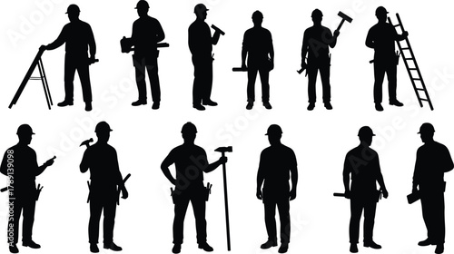 Construction worker silhouettes, tool variety, hard hat crew, hammer and drill poses, ladder and wrench, black figures, safety gear, digital art, white background