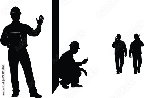Construction workers silhouette, hard hat professionals, site inspection, walkie-talkie communication, clipboard supervision, crouching technician, vector illustration, industrial teamwork