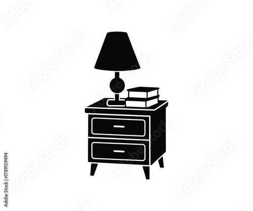 Black silhouette of a nightstand with a lamp and books on a white background Keywords: nightstand, bedside table, furniture, lamp, table lamp