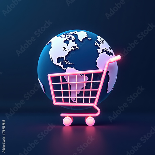 Global market, worldwide commerce, e-commerce, and international trade abstract concept. Shopping cart on Earth on dark blue background. Glowing low polygonal style. Modern design illustration