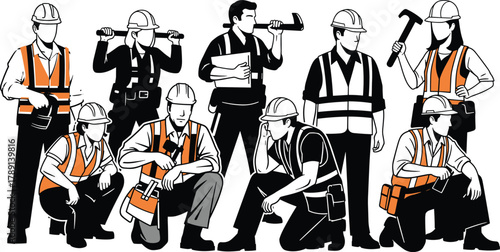 Construction workers team illustration with safety vests and helmets, engineering professionals with tools and plans, teamwork and labor concept, industrial vector design