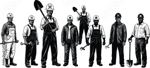 Construction workers, male laborers, hard hats, teamwork, industrial tools, black and white illustration, comic style, wrench, shovel, spanner