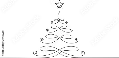Continuous line Christmas tree illustration, elegant swirling loop design with star, minimalist holiday vector graphic, festive single-line artwork for seasonal decor