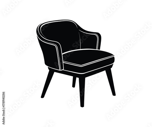 Black silhouette of a rounded armchair with white trim on a white background Keywords: armchair, chair, furniture, seat, seating, silhouette, black