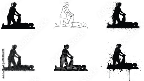 CPR silhouette styles, emergency medical response poses, artistic resuscitation scenes, vector set, editable stroke, healthcare concept, black and white design