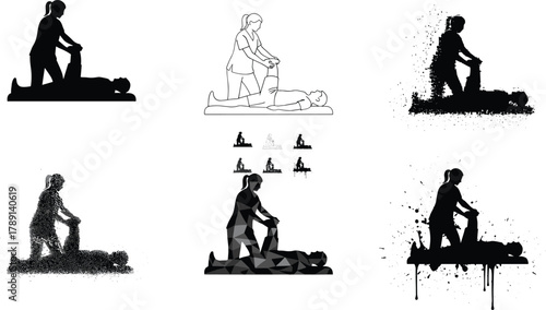 CPR action silhouette styles, emergency response poses, life-saving procedure scenes, vector set, editable stroke, healthcare concept, black and white design