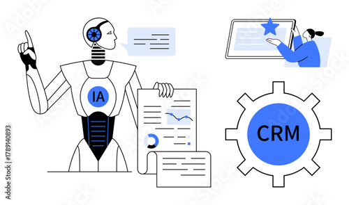 Robot presenting analytics with charts and graphs, CRM integration in gear icon, user giving a review. Ideal for technology, AI, business, customer support, data analysis CRM systems innovation. A