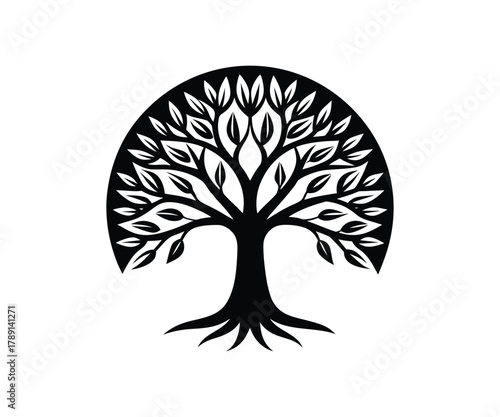 Black silhouette of a stylized tree with roots and leaves on a white background vector illustration