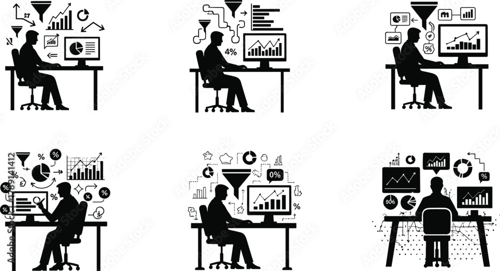 Obraz premium Data analysis illustrations, computer desk scenes, funnel charts, dashboard icons, black and white vector set, editable stroke, professional concept, analytics design