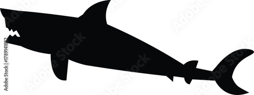 Striking black silhouette illustration of a powerful shark. Its menacing profile with sharp teeth embodies untamed strength and danger, ideal for graphic designs