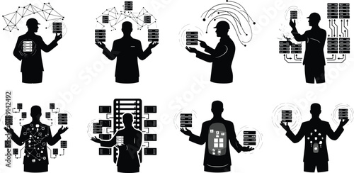 Digital interaction silhouettes, abstract tech interface, data visualization poses, black and white vector set, editable stroke, professional concept, network connectivity design