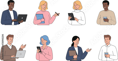 Diverse office professionals with digital tools, laptops, tablets, smartphones, coffee cups, workplace attire, collaborative environment, modern business concept, vector illustration, casual style