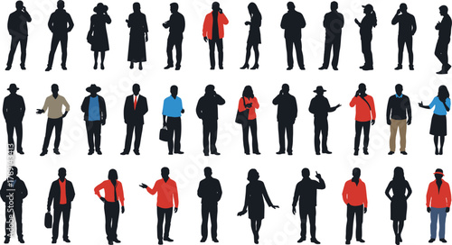 Diverse people silhouettes, business and casual men and women, urban lifestyle concept, colorful clothing highlights individuality, modern crowd illustration