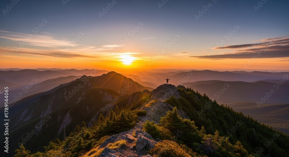 Obraz premium Hiker Celebrating Sunrise on Mountain Peak, Summit, Achievement, Success