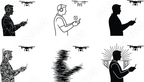 Drone operator silhouette styles, remote control poses, artistic tech interaction concepts, vector set, editable stroke, professional design, black and white