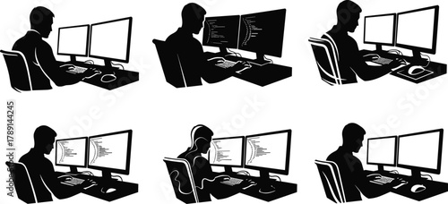 Dual monitor workstation silhouettes, coding and typing poses, black and white vector set, editable stroke, professional concept, software development scene