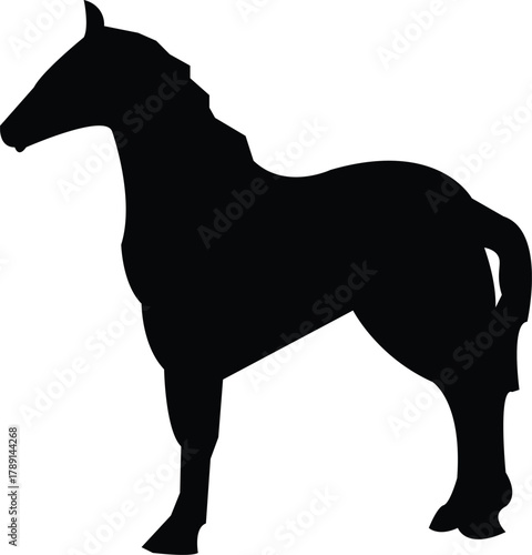 A bold black silhouette of a majestic horse standing in a profile view, isolated on a clean white background for easy use