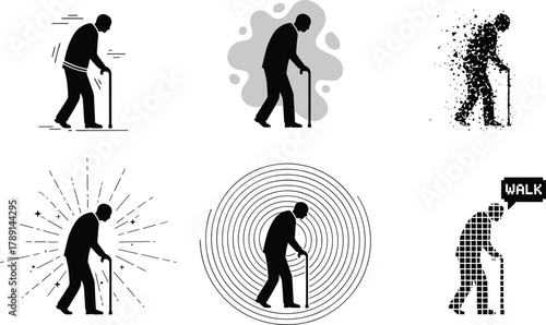 Elderly person walking with cane in six artistic styles, silhouette, pixelated, concentric circles, radiant burst, abstract background, aging, mobility, care, health