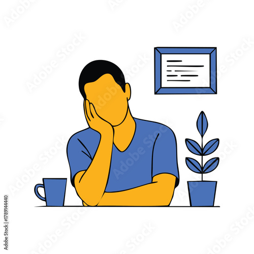 Frustrated man at desk with coffee cup and plant experiences boredom at work