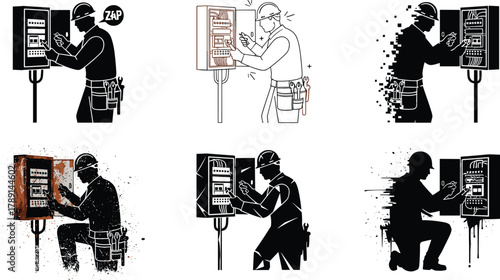 Electrical panel worker styles, safety and hazard poses, artistic technician silhouettes, vector set, editable stroke, professional concept, black and white design
