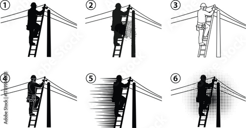 Electrical worker rescue sequence on utility pole, six styles, silhouette, line art, motion blur, halftone texture, spark effect, ladder, emergency response