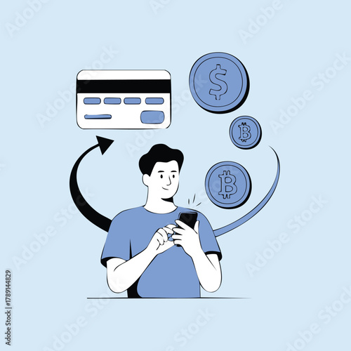 Man uses smartphone to manage crypto investments with dollar coin and credit