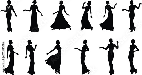 Elegant female silhouettes, long dress poses, graceful movement, black shapes, dance gesture variation, fashion theme, posture study, digital art, white background