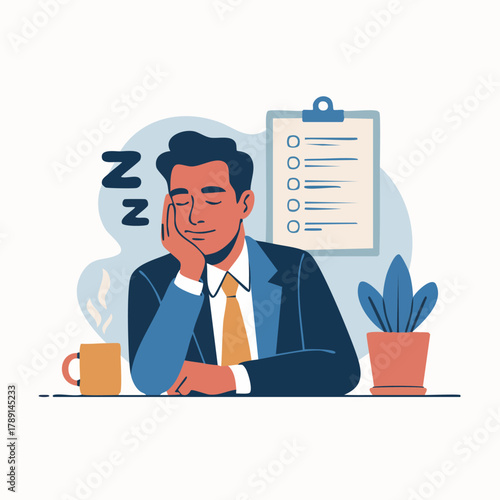 Sleeping businessman at desk with cup of coffee and plant dreams about work