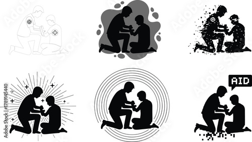 Emergency aid scene in six artistic styles, silhouette, pixelated, concentric circles, radiant burst, line art, digital help, medical support, compassion, care