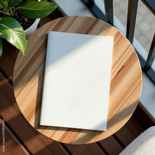 magazine cover mockup design. blank magazine mockup on round wooden coffee table on balcony or outdoor terrace, shadow overlay
