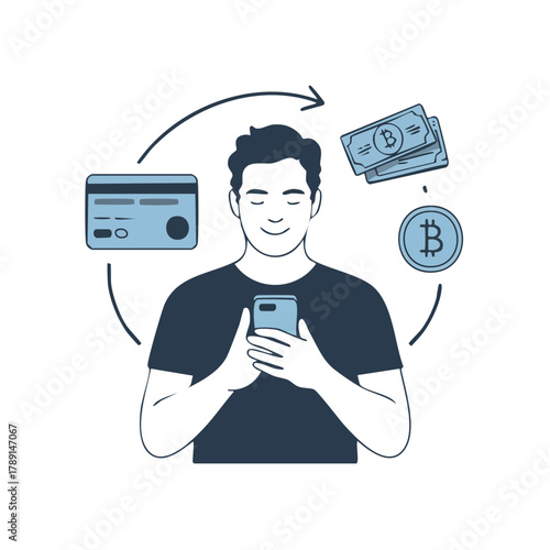 Happy Man Converting Money to Bitcoin with Mobile Phone and Smiling Contentedly
