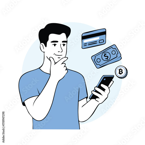 Man Thinking About Credit Card Dollar and Bitcoin Payments with Mobile Phone Apps