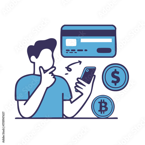 Man thinking about online payment with credit card and crypto transaction on phone