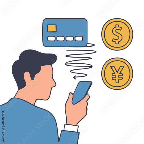 Man with phone using currency exchange app from dollar to yen with credit card