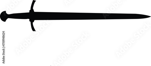 Striking black longsword silhouette. A powerful visual concept of medieval strength, honor, and justice, embodying historical valor and ancient might