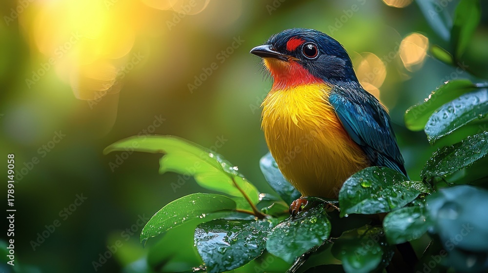 Fototapeta premium Vibrant tropical bird perched on lush foliage in sunlight.
