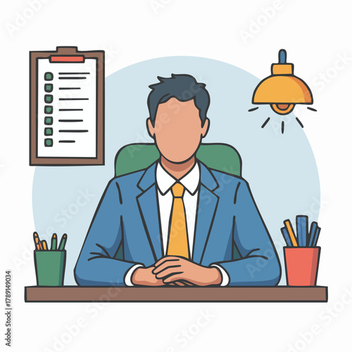 Professional manager sitting behind his desk with tie and work stuff in office
