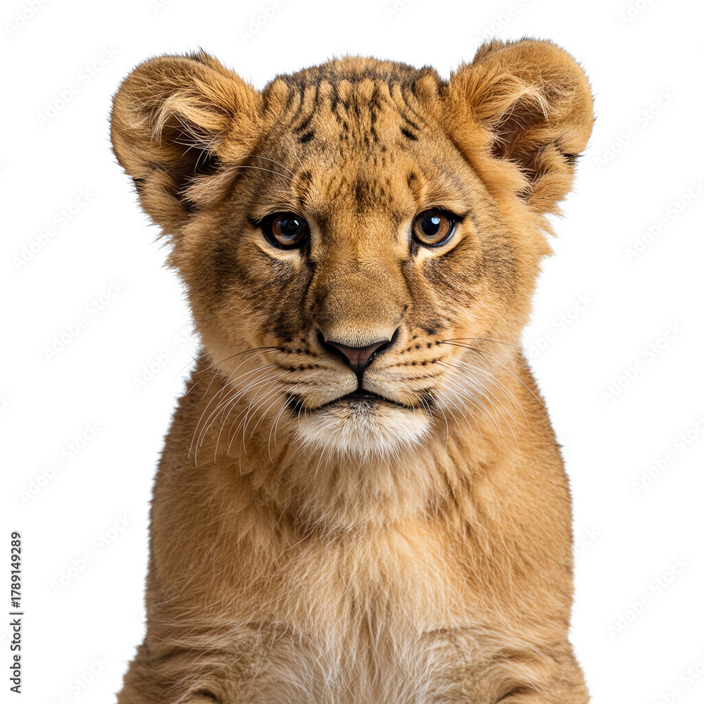 Obraz premium Adorable Lion Cub Stares Intently Isolated on a Bright White Background
