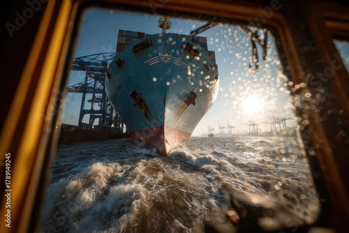 Massive Container Ship Approaching as Seen Through Pilot Boat Window