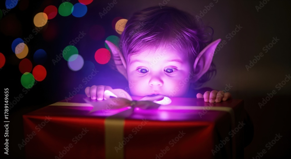 Naklejka premium Adorable baby elf with pointed ears looking into a magical glowing Christmas gift box with wonder and surprise