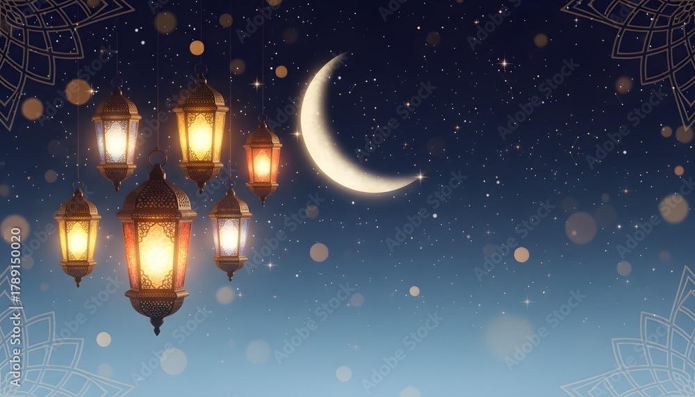 Fototapeta premium Ramadan Kareem celebration with moon and lanterns