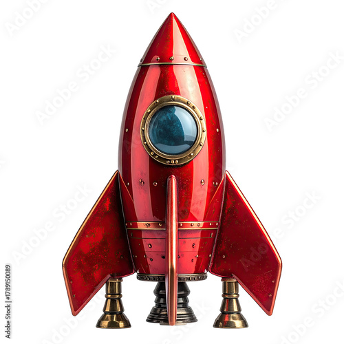 Red metal rocket with porthole, against black