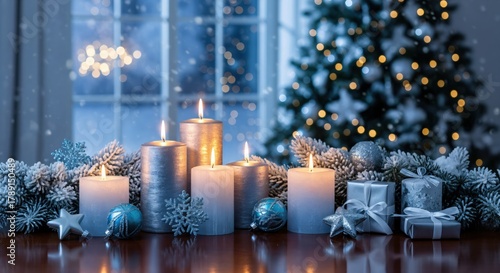 Cozy Christmas Eve scene with glowing candles, frosted branches, and elegant silver gifts against a snowy window and blurred tree lights.