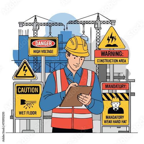 A construction worker in a yellow hard hat, surrounded by safety signs, reviews a checklist at a building site with cranes.