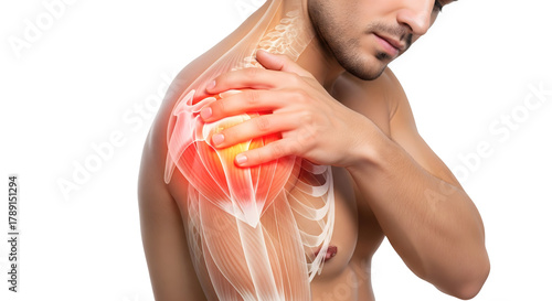 A person experiencing shoulder pain, with a detailed illustration of the affected area. The red highlights the source of discomfort, isolated on transparent background