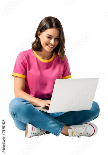 A young lady is working or studying on a laptop, isolated on transparent background