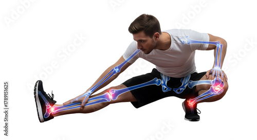 A man stretching his leg while his skeleton glowing. This image is about sports and body exercise, isolated on transparent background