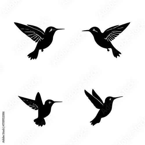 Four Stylized Hummingbird Icons: Elegant Black Sil